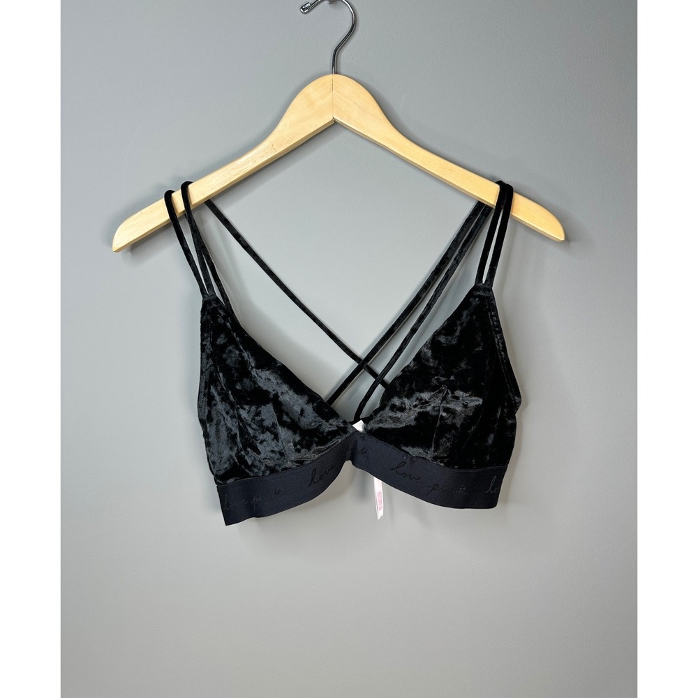PINK Victoria's Secret Bralette Womens L Black Velvet Strappy Logo Band